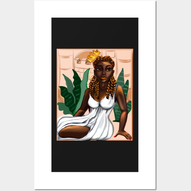 Cleopatra Queen Black is beautiful black woman art with crown, white dress and braids, brown eyes and dark brown skin ! Wall Art by Artonmytee